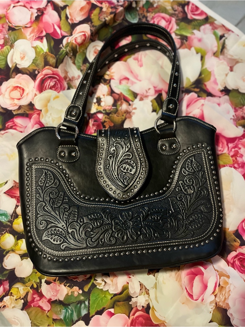 Embossed Floral Western Satchel Handbag - Black